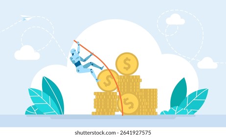 A happy robot jumps among dollar coins, symbolizing automated profit, passive income, and smart investing through AI. Robot jumps and trying to reach a dollar coins. Vector illustration