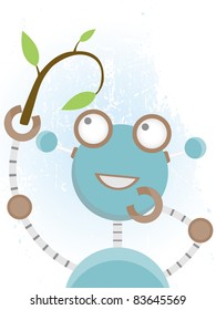 Happy :Robot looking at plant with leafs vector illustration