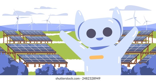 Happy robot over landscape with solar panel and windmill. Green energy flat vector concept illustration