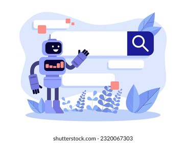 Happy robot presenting browser search bar vector illustration. Online web search engine with AI help for users to find information faster. Artificial intelligence, chatbot concept