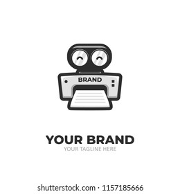 Happy Robot print logo icon cartoon. Printer company mascot cute illustration sticker character