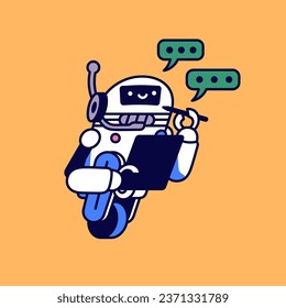 Happy robot writing, take notes. Conversation with AI, artificial intelligence in chat bot. Chatbot assistant, helper answer questions in messenger. Modern technology flat isolated vector illustration