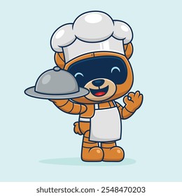 Happy robotic bear chef presenting a dish with a charming smile ,vector illustration.