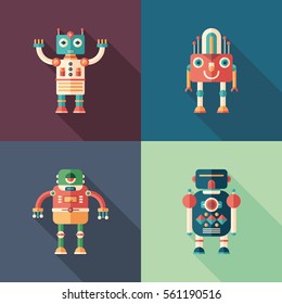 Happy robots flat square icons with long shadows. Set 5