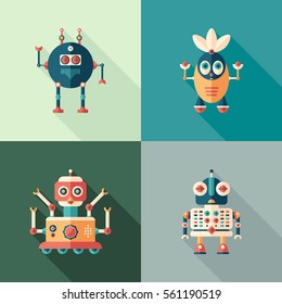 Happy robots flat square icons with long shadows. Set 4