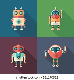 Happy robots flat square icons with long shadows. Set 2