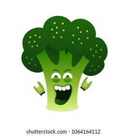 Happy rock n roll broccoli cartoon character. Vegetarian food. Funny cute fresh healthy plant. For recipe, cook book, article