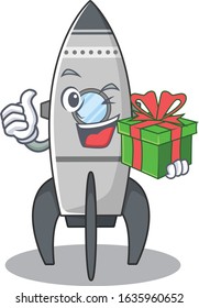 Happy Rocket Character Having A Gift Box