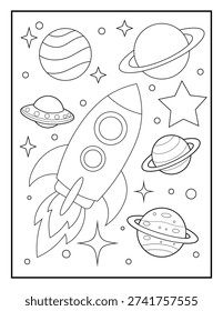 Happy Rocket Ship Adventure Coloring Page for Kids and Adults. Solar System Scene with Saturn, Earth, and Stars. Space Activity Sheet for Children.