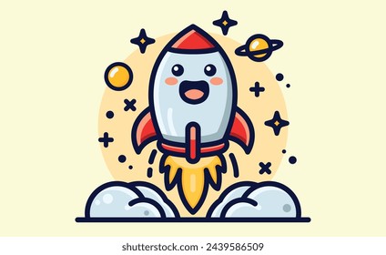 Happy rocket ship launch simple linear bold stroke cute flat illustration icon