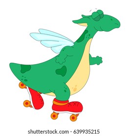 A happy roller skating green dragon. Vector flat design illustration