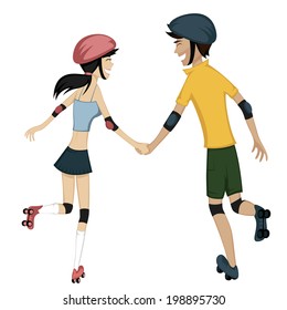 Happy roller-skating couple - Colorful and detailed cartoon-style art with a smiling and glad young couple is holding hands while skating together
