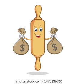 Happy Rolling Pin Cartoon Mascot Character Holding Money Bag