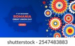 Happy Romania independence day background with map, paper rosette and confetti. Romania National Day Banner, 1 December. 