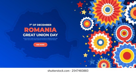 Fondo feliz del día de la independencia de Rumania con el mapa, la roseta de papel y el confeti. Anuncio del Día Nacional de Rumania, 1 de diciembre. 