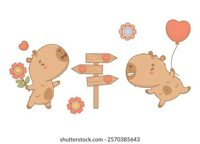 Happy romantic cartoon Capybara pair. Cute enamored kawaii character with balloon heart and with flower. Vector illustration. isolated Holiday Valentine animal 