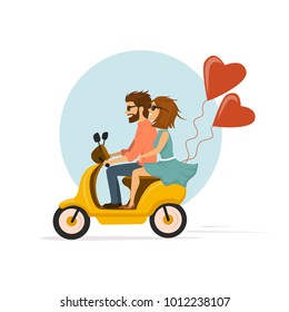 happy romantic cheerful couple riding scooter with heart shaped balloons 