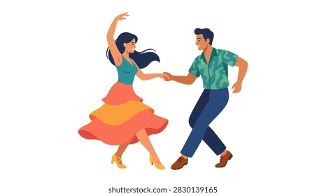 Happy romantic couple dancing salsa and latin music with energetic moves flat vector illustration.