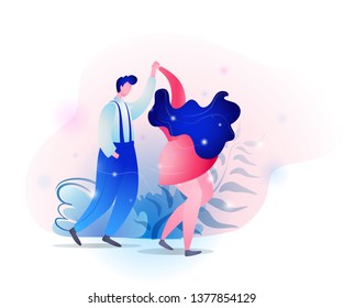 Happy romantic couple dancing together. Flat characters isolated on white background. Colorful vector illustration with gradients.