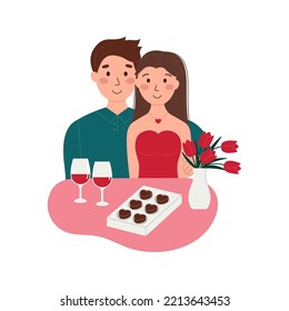 Happy romantic couple dinner date. Man and woman sitting at table, drink wine. Valentines Day, anniversary celebration. Vector illustration isolated on white background