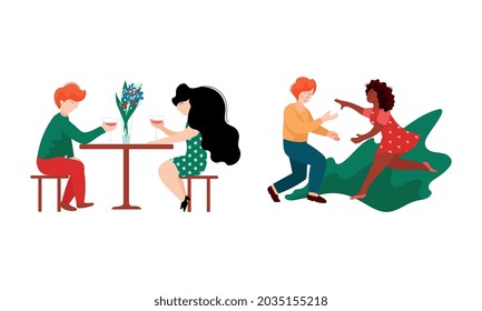 Happy Romantic Couple Drinking Wine in Restaurant and Running Towards Each Other Vector Set