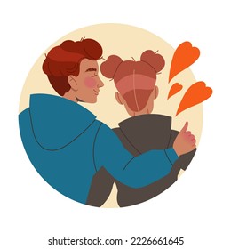 Happy Romantic Couple Embracing Each Other Back View in Circle Vector Illustration