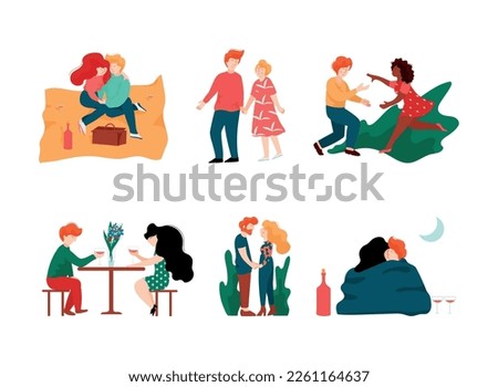 Happy Romantic Couple Embracing, Holding Hands, Drinking Wine at Restaurant and Kissing Vector Set