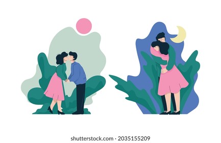 Happy Romantic Couple Embracing and Kissing Each Other Vector Set