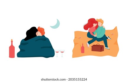 Happy Romantic Couple Embracing Sitting on Sand and Kissing Each Other Vector Set