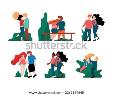 Happy Romantic Couple Embracing, Sitting on Bench and Walking in the Park Holding Hands Vector Set