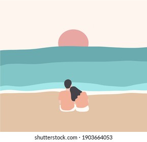 Happy Romantic Couple Enjoying Beautiful Sunset at the Beach. Young family, man and woman rest on the beach of ocean. Couple in love travel to island. Love travel