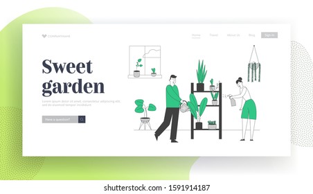 Happy Romantic Couple Enjoying Gardening Hobby Website Landing Page. Man and Woman Care of Home Plants and Flowers in Pots Spraying Flowers Web Page Banner. Cartoon Flat Vector Illustration, Line Art