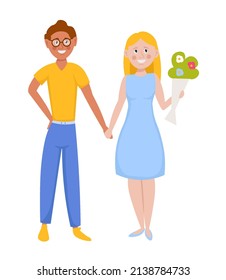 Happy romantic couple hand holding. Cartoon vector illustration