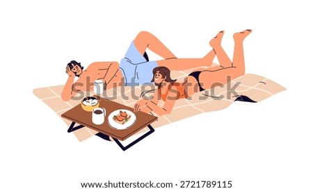 Happy romantic couple has a picnic on beach. Girlfriend and boyfriend relax on blanket and sunbathing in summer. Girl and boy are eating outdoors together. Flat isolated vector illustration on white