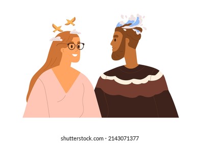 Feliz pareja romántica en una relación saludable. Hombre y mujer enamorándose, soñando. Confrontación mental masculina, femenina. Amor, concepto de psicología. Ilustración vectorial plana aislada en fondo blanco