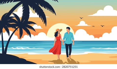 Happy romantic couple holding hands and walking along the sea beach shoreline at golden tropical sunset time.