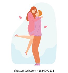 Happy romantic couple. Man Picking Woman Up. Romantic hug. Valentines Day concept. Vector illustration for banners, posters, postcard. Cartoon style characters.