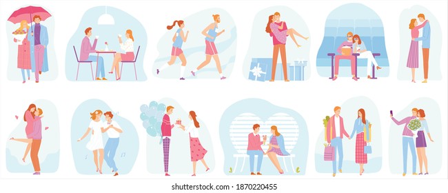 Happy romantic couple on a date. A set of characters. Valentines Day concept. Vector illustration for banners, posters, postcard. Cartoon style characters.