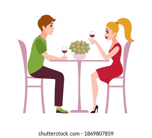 Happy romantic couple in restaurant. Loving man and woman sit at table drink wine talking, celebrate valentine holiday together in cafe love and relationships flat vector cartoon isolated illustration