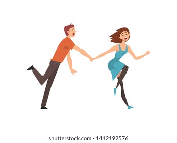 Happy Romantic Couple Running Holding Hands, Young Man and Beautiful Woman on Date, Happy Lovers Characters Vector Illustration