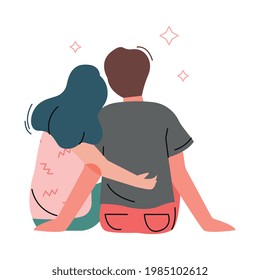 Happy Romantic Couple Sitting and Embracing Each Other Back View Vector Illustration