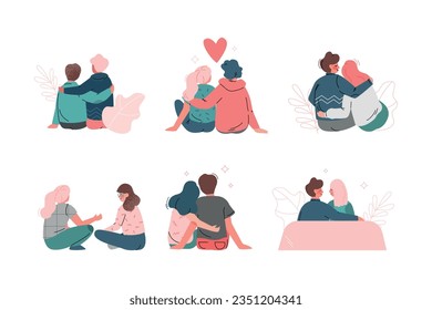 Happy Romantic Couple Sitting and Embracing Back View Vector Illustration Set