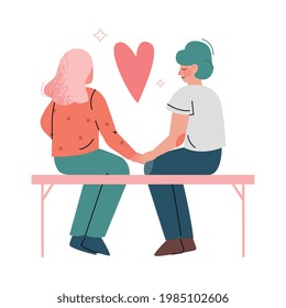 Happy Romantic Couple Sitting on Bench Holding Hands Back View Vector Illustration