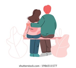 Happy Romantic Couple Sitting on Bench Embracing Each Other Back View Vector Illustration