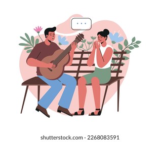 Feliz pareja romántica pasando tiempo juntos. El joven enamorado se sienta en el banco del parque y toca la guitarra para su novia. Carácter masculino y femenino en la fecha. Ilustración vectorial plana moderna de dibujos animados