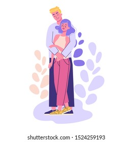 Happy romantic couple standing. Man and woman on the date, romantic relationship. Vector illustration in cartoon style