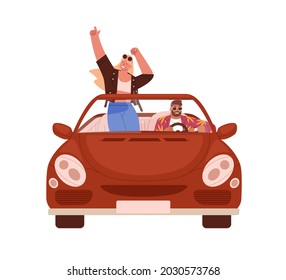 Happy romantic couple traveling by car. People in cabrio at road trip. Man driving convertible with woman standing. Summer auto ride in open top. Flat vector illustration isolated on white background