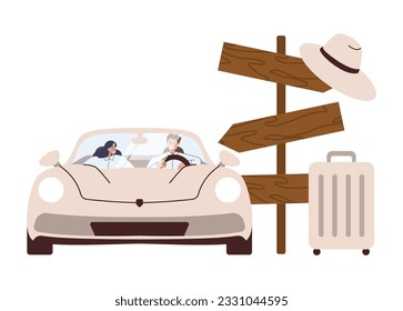 Happy romantic couple traveling by car. People in cabrio at road trip. Man driving convertible with woman. Summer auto ride in open top. Flat vector illustration isolated on white background