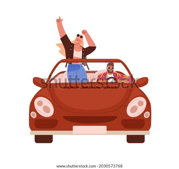 Happy romantic couple traveling by car. People\
in cabrio at road trip. Man driving convertible with woman\
standing. Summer auto ride in open top. Flat vector illustration\
isolated on white\
background