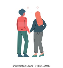 Happy Romantic Couple Walking Holding Hands Back View Vector Illustration